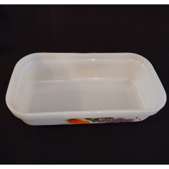 Vintage Fire King GAY FAD 8" Milk Glass Loaf Pan Fruit Peach & Grapes Bakeware - Picture 2 of 7